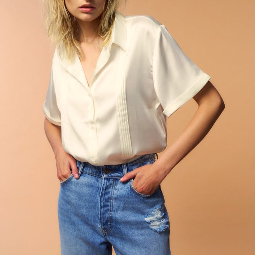SER.O.YA Cream Short-Sleeve Button Front Blouse
